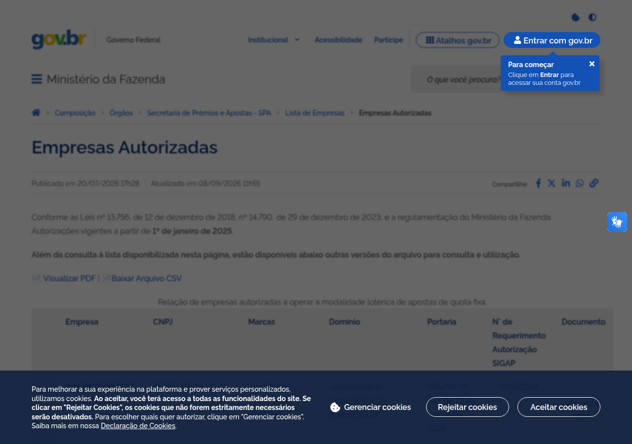 Captura do registro oficial da SPA e Ministério da Fazenda consultado em 10 de setembro de 2026